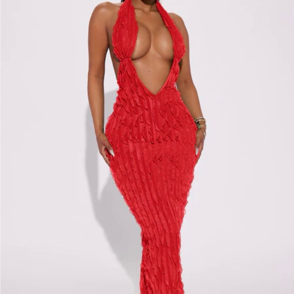 Fashion Nova Red Backless Halter Maxi Dress
